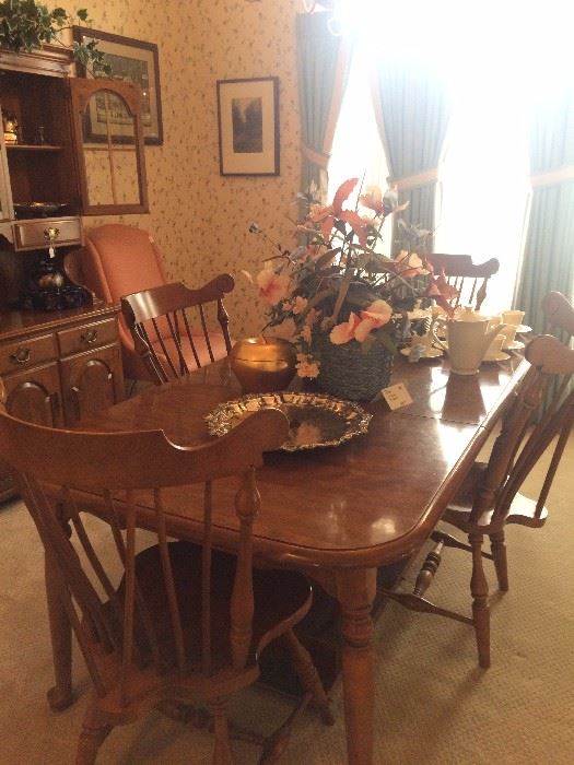 Hard rock maple dining table, chairs and hutch