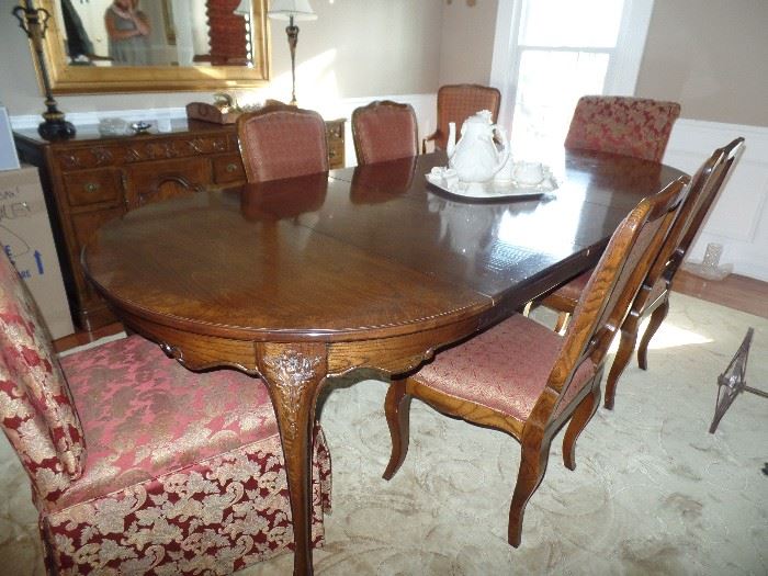 "Baker" Dining room set - w/2 arm chairs, 4 side chairs, 3 leaves and pads - (2 Upholster chairs sold separately)