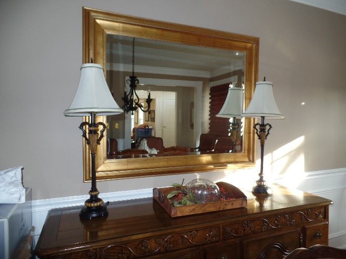 Gold mirror and 2 matching lamps