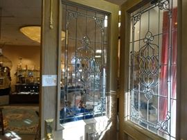 Matched Pair 8 ft tall x 6 ft wide total Solid Oak Entry Doors w/ Hand Rolled and Bevellled & Leaded Glass Panels - Great Baldwin Locks & Hardware!