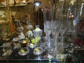 Set of 6 Sasaki "Kissing Doves" Champaign FLutes - Small Bacarrat Mustard - Small Boyd Glass Swan Salts - Pr Corday Figures