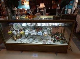 Modern, Commercial Lighted Showcase (6 ft) w/ Mirrored Sliding Doors - Now Filled w/ Ceramic Ducks & Chicken Figures, Cups & Saucers Collection