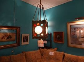 Wonderful Antique Brass Ceiling Fixture w/ Textured Glass Rounds and "Jewels"