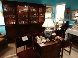 Lg. 1840s Gothic Mahogany Breakfront - Fitted w/ Lights and Glass Shelves, Storage Base - Separates into 6 Parts for eacy Transport!