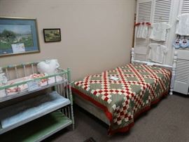 Twin Bed w/ Painted Pineapple Poster Head, Vintage Hand Made Checkerboard Quilt