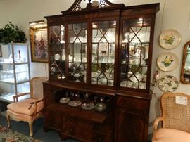 20th Century Fine Secretary / Bookcase, w/ True Divided Lights, Mirrored Back Glass Shelves & Lights - Flame Mahogany w/ Pierced Carved Swan Neck Pediments