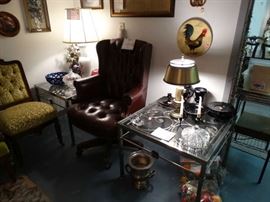 Matched Pair, Brushed Steel Lamp Tables w/ Inwert Glasses - Tufted Leather Office Chair