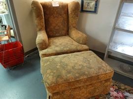 very Lg. Comfy Wing-Back Chair w/ Matching Ottoman
