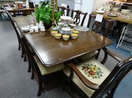 Solid Top Dining Table w/ 9 Needlepointed Seat Chairs