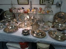 One of the Tables of Ailver Plate Items - Collection of Vintage Salt & Pepper Shakers