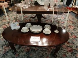 MOdern Oval Mahogany Coffee Table - Unusual Design Noritaki Dessert Set - Pr. 3 Light Stering Silver Candelabras w/ Center Etched Glass Chimneys