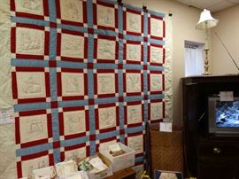 Vintage, Hand Made Quilt w/ Embroidered Squares