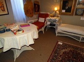 Round Antique Wicker Dining Table w/ Fitted Glass - 2 Antique Wicker Chaise Lounges and 2 Ant. Wicker Lamp Tables