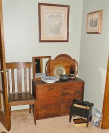 Vintage louvered door cabinet. Old leather seat chair. Framed map of Wisconsin. Old shoe shine box.