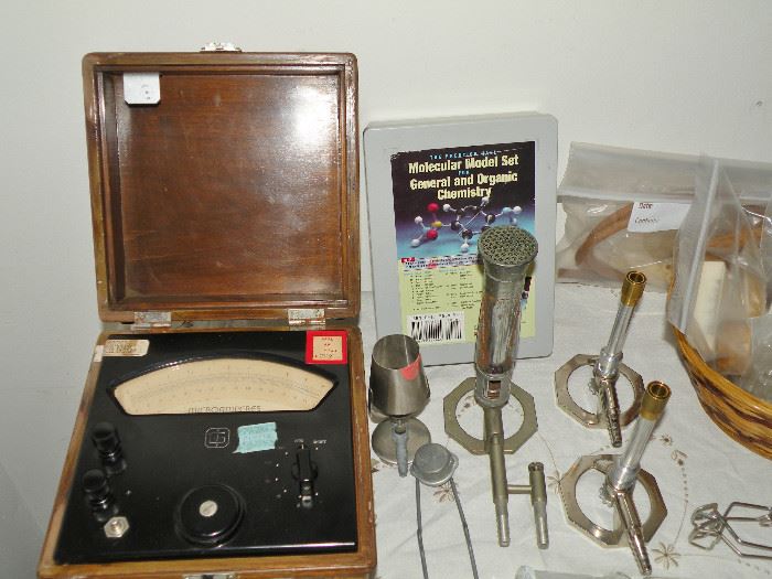 Vintage microamperes meter.  Lab burners. 