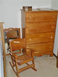 Nice vintage maple chest, mirror and child's folding rocker.
