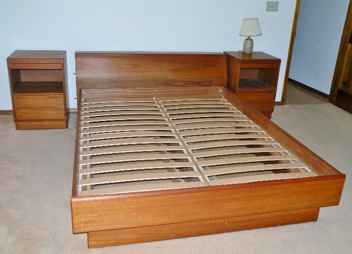 Solid teak queen bed and two night stands. 