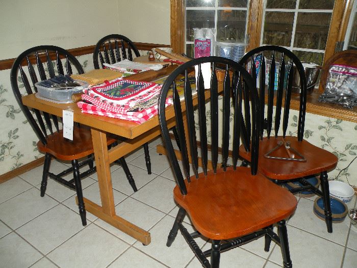 Vintage trestle table. 4 Windsor style chairs purchased from Martin Furniture; super nice, solid wood chairs. 