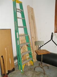 Werner 8 ft step ladder. Three axes. Vintage school lab chair. Lawn roller.