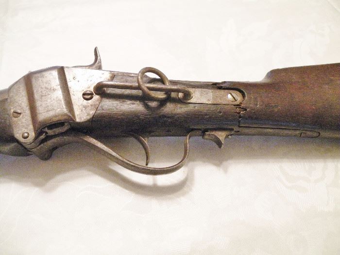 Civil War Saddle Rifle with damage. Sharps 1863 New Model Carbine (right side) with Saddle Ring. Cracked Stock. Missing Screw. 