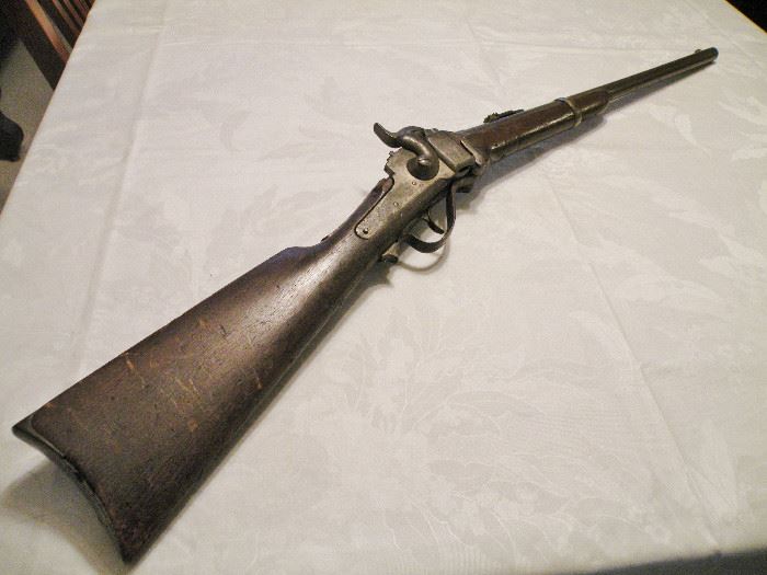 Civil War Saddle Rifle with damage. Sharps 1863 New Model Carbine (right side) with Saddle Ring. Cracked Stock. Missing Screw. 