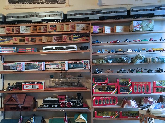 HUGE COLLECTION OF LARGE SCALE TRAINS, STRUCTURES, TRAIN KITS, TRACKS, VINTAGE CAST BRITIANS SOLDIERS AND MORE