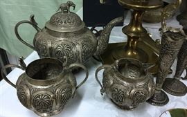 INDIAN SILVER TEA SET AND BUD VASES