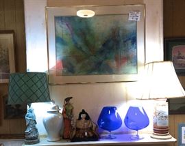WATERCOLOR ON RIVE PAPER BY PUBLISHED NEW JERSEY ARTIST, LAMP, LARGE GLASS PIECES AND ASIAN FIGURES