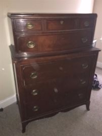 Solid Mahogany Dresser/ Chest of Drawers and Mirror c.1950
Mirror is 4’ X 3’
Chest of Drawers is 5”long, 21“ deep and 34” Tall
Dresser is 38 “ wide, 21“ deep and 50” Tall