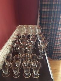 Gold Gilded Glassware Set (juice, water, wine and champagne glasses) Circa 1945