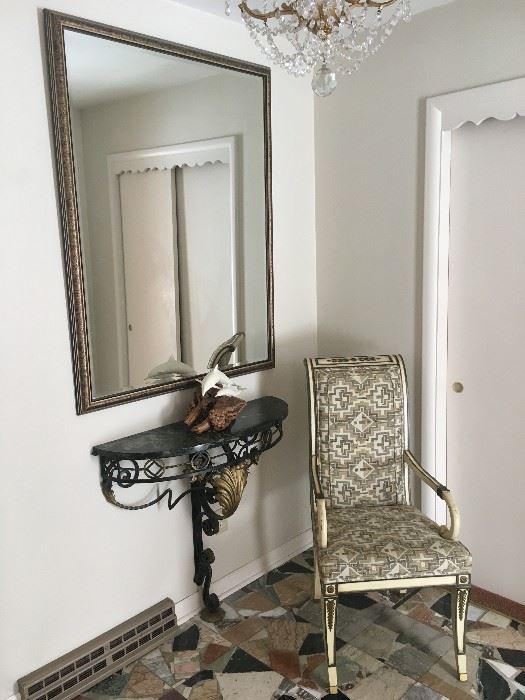 English Roll Arm chair and large wall mirror