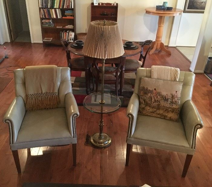 2 leather side chairs and floor table lamp