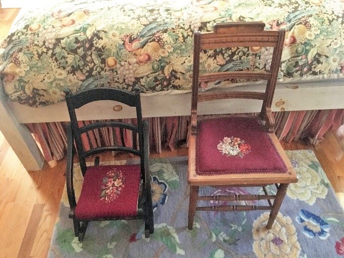 needlepoint chair and child's rocker