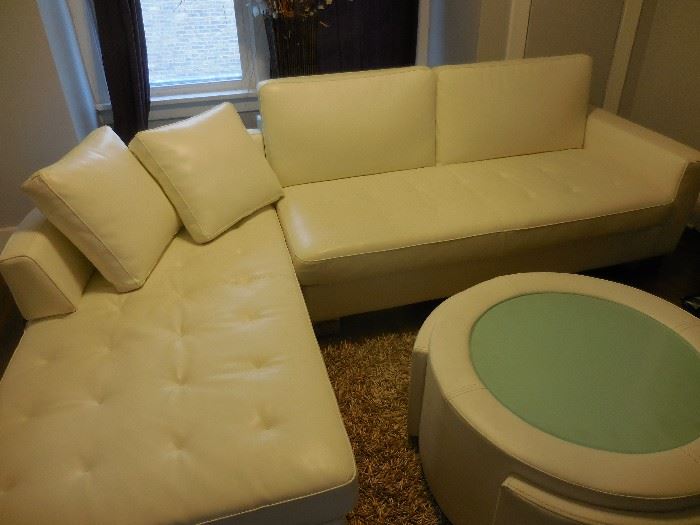 Crate Barrel White Leather Sectional Chaise/ Crate Barrel White Leather Glass Round Cocktail Table. Tufted Seat. GORGEOUS!
