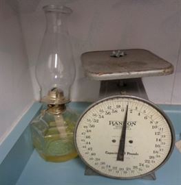 Antique Scale and Kerosene Lamp