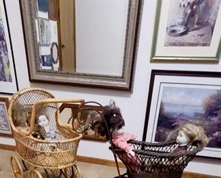 Antique wicker doll carriages
Bisque antique dolls