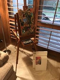 Folding Art Easel, Paints, and Canvasses 