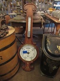 Old flour barrel, barometer and Chinoiserie fireplace set