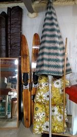Vintage skis , table umbrella vintage chair cushions