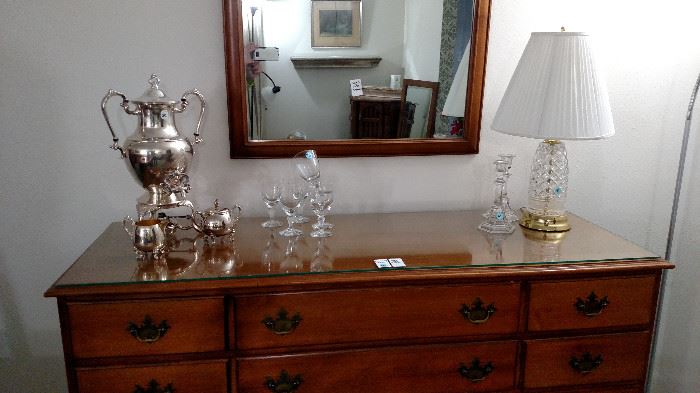 Sideboard or dresser with mirror. Beautiful Silver Plate Coffee with sugar and creamer.  Crystal lamp and candle sticks