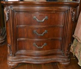 Lot 14: Matching chest of drawers (62"h x 42"w x 22"d) and bow front bedside chest (32"h x 32"w x 20"d) with reed bun feet; matches lot 2, 9, 15
