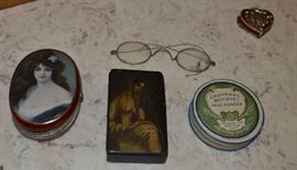 Lot 33: Vintage lot includes boxes (1 painted Madonna paper mache box), miniature framed art work, and vintage spectacles
