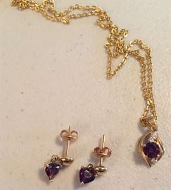 Lot 44: 14k and Amethyst pendant necklace (marked on pendant, chain unmarked) and pair of earrings (marked 14k on back)
