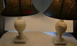 Lot 54: Lot includes two alabaster bedside lamps (19"h) and large brass candlestick lamp (26"h) with black and gold shade
