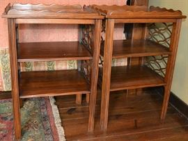 Lot 53: Pair of mahogany end tables with raised scalloped gallery, two shelves, reeded legs; 27"h x 18"w x 15"d, unknown maker (28)
