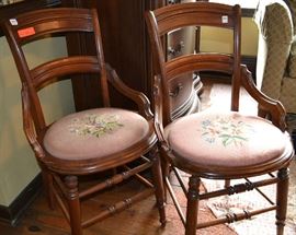 Lot 58: 3 Victorian oak side chairs with needlepoint and cane seats, includes needlepoint foot stool with scrolled base (74)

