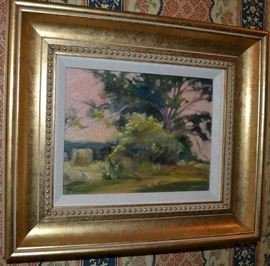 Lot 60: Pastoral landscape oil in gilded frame, signed ll "Brazier"; 12"h x 14"w
