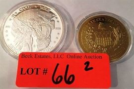 Lot 66: 2 American Mint Medals - Stonewall Jackson gold plated over copper and Civil War Sesquicentennial 61st Virginia at Appomattox with Confederate flag.  Silver over copper.  Both encased in plastic.
