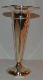 Lot 106: Sterling silver weighted flower vase, 8"h (dented), not monogrammed, marked "Sterling, #625" (13)
