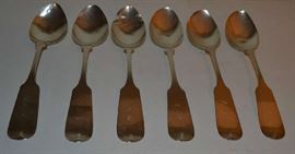 Lot 119: Set of 6 Sterling silver tablespoons, by Wood & Hughes, NY, ca. 1833-45, engraved, worn & damage to all bowls, 6.74 toz., 8"l 
